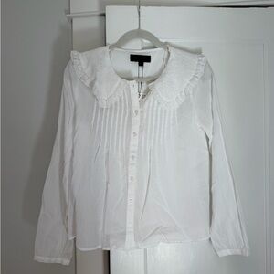 Zara White Eyelet Ruffle Collar Button-Down Blouse